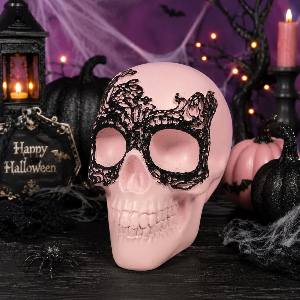 Midnight Manor Pink Skull Halloween Decor Medium Pink New Gothic Lace Mask